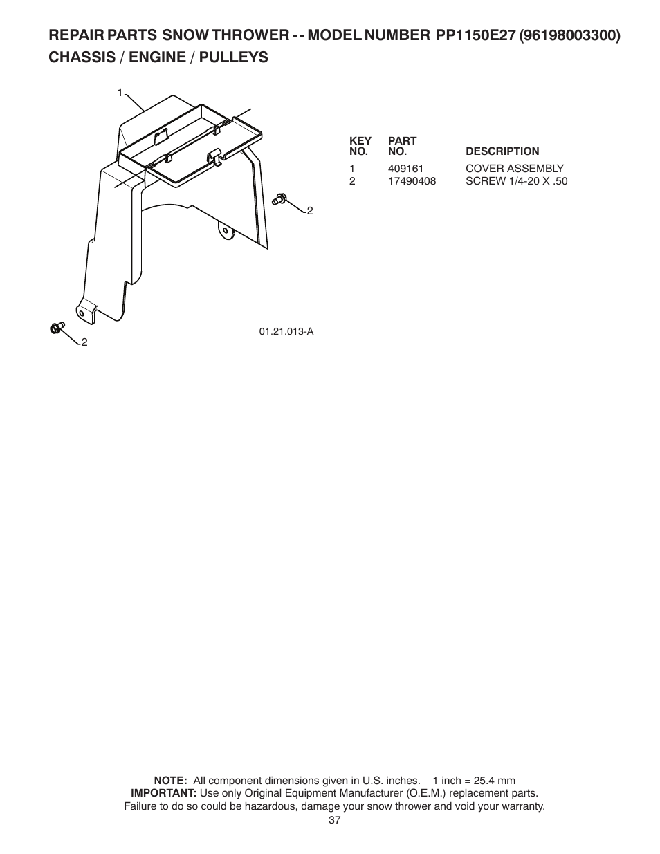 Poulan Pro PP1150E27 SNOW THROWER User Manual | Page 37 / 44