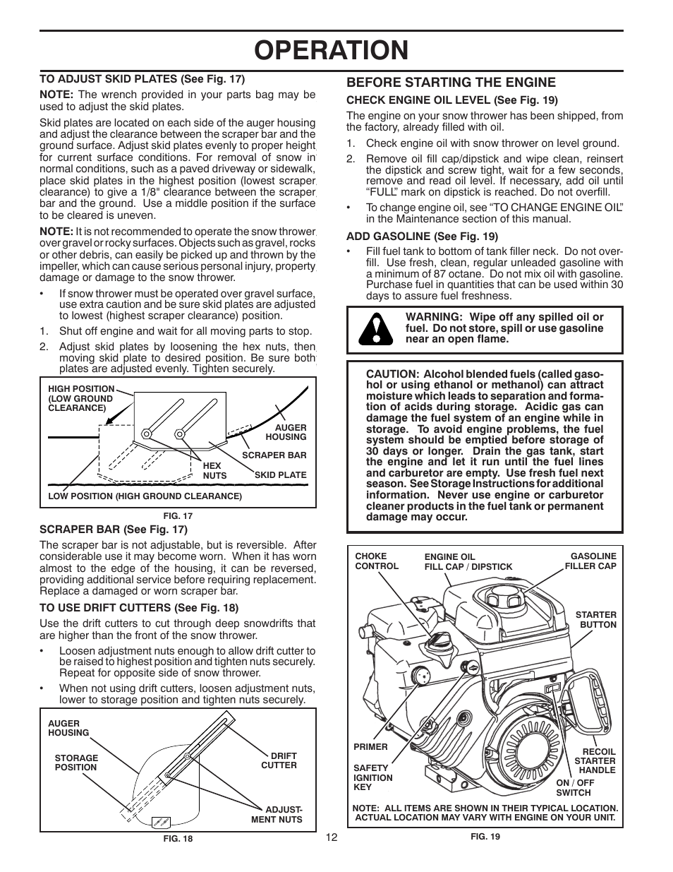 Operation, Before starting the engine | Poulan Pro PP1150E30 SNOW THROWER User Manual | Page 12 / 44