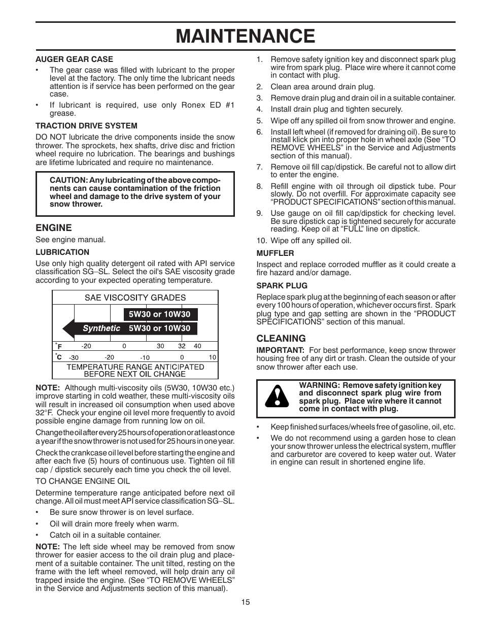 Maintenance | Poulan Pro PP1150E30 SNOW THROWER User Manual | Page 15 / 44