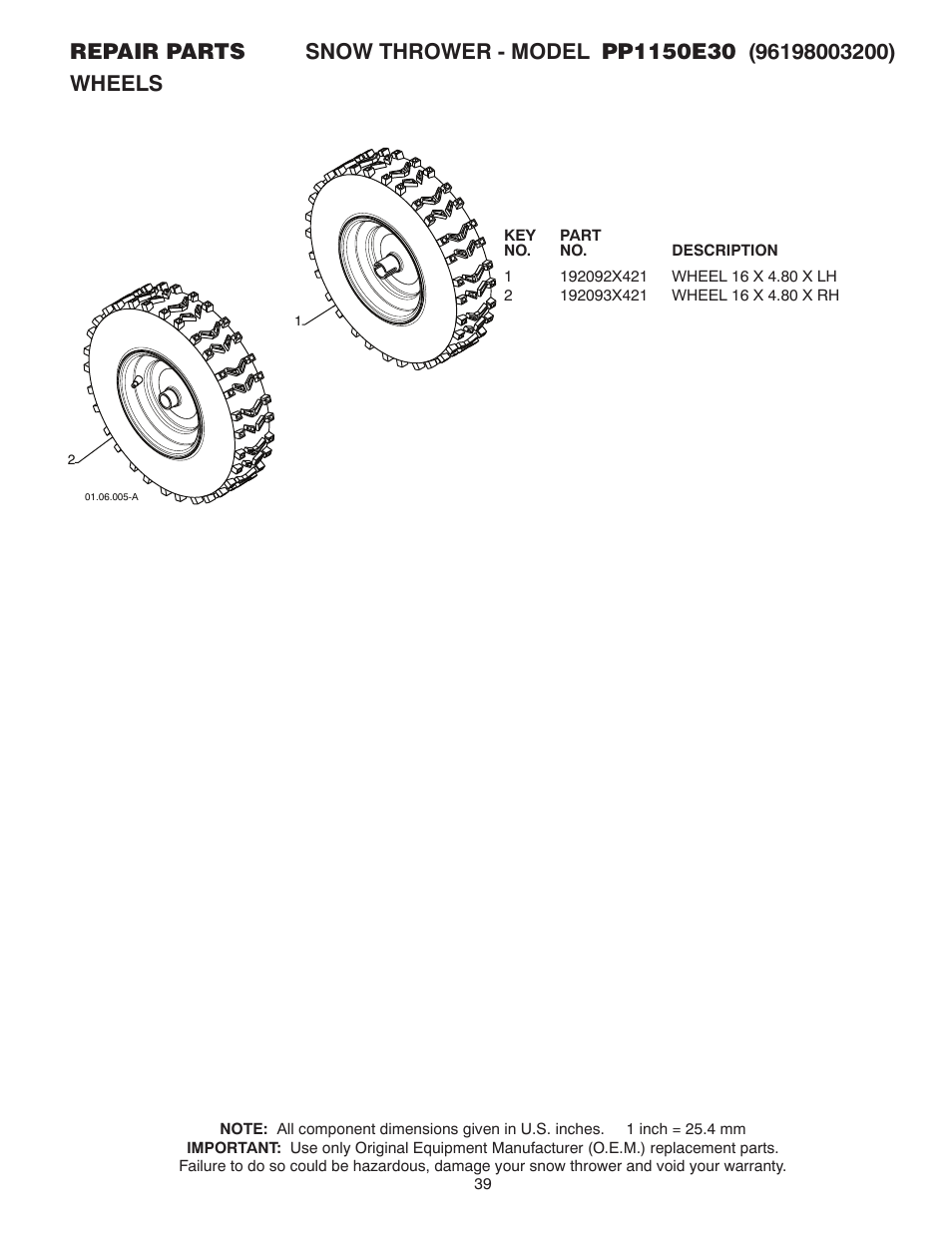 Poulan Pro PP1150E30 SNOW THROWER User Manual | Page 39 / 44