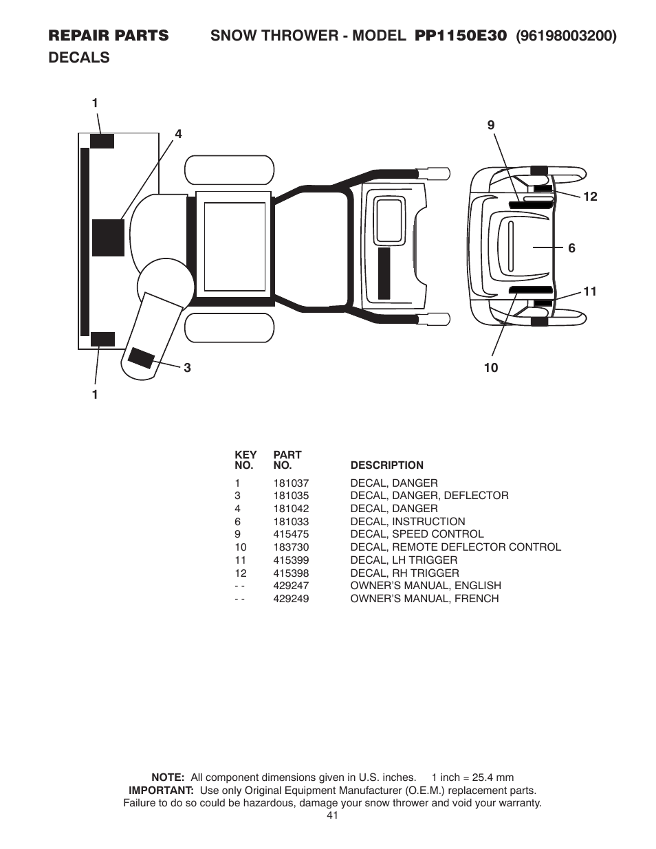 Poulan Pro PP1150E30 SNOW THROWER User Manual | Page 41 / 44