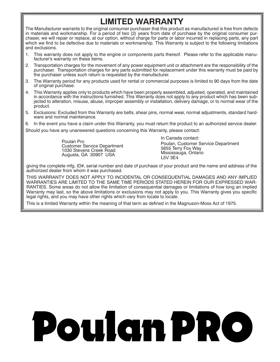 Limited warranty | Poulan Pro PP1150E30 SNOW THROWER User Manual | Page 44 / 44