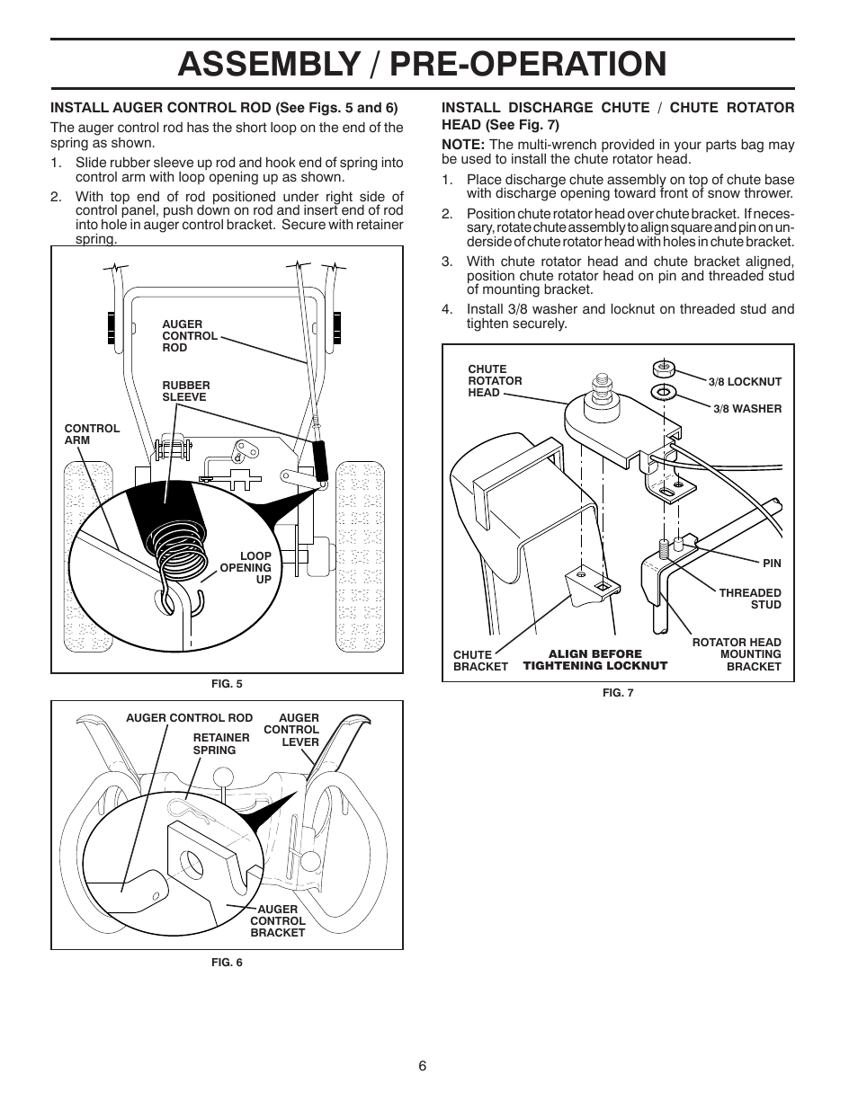 Assembly / pre-operation | Poulan Pro PP1150E30 SNOW THROWER User Manual | Page 6 / 44