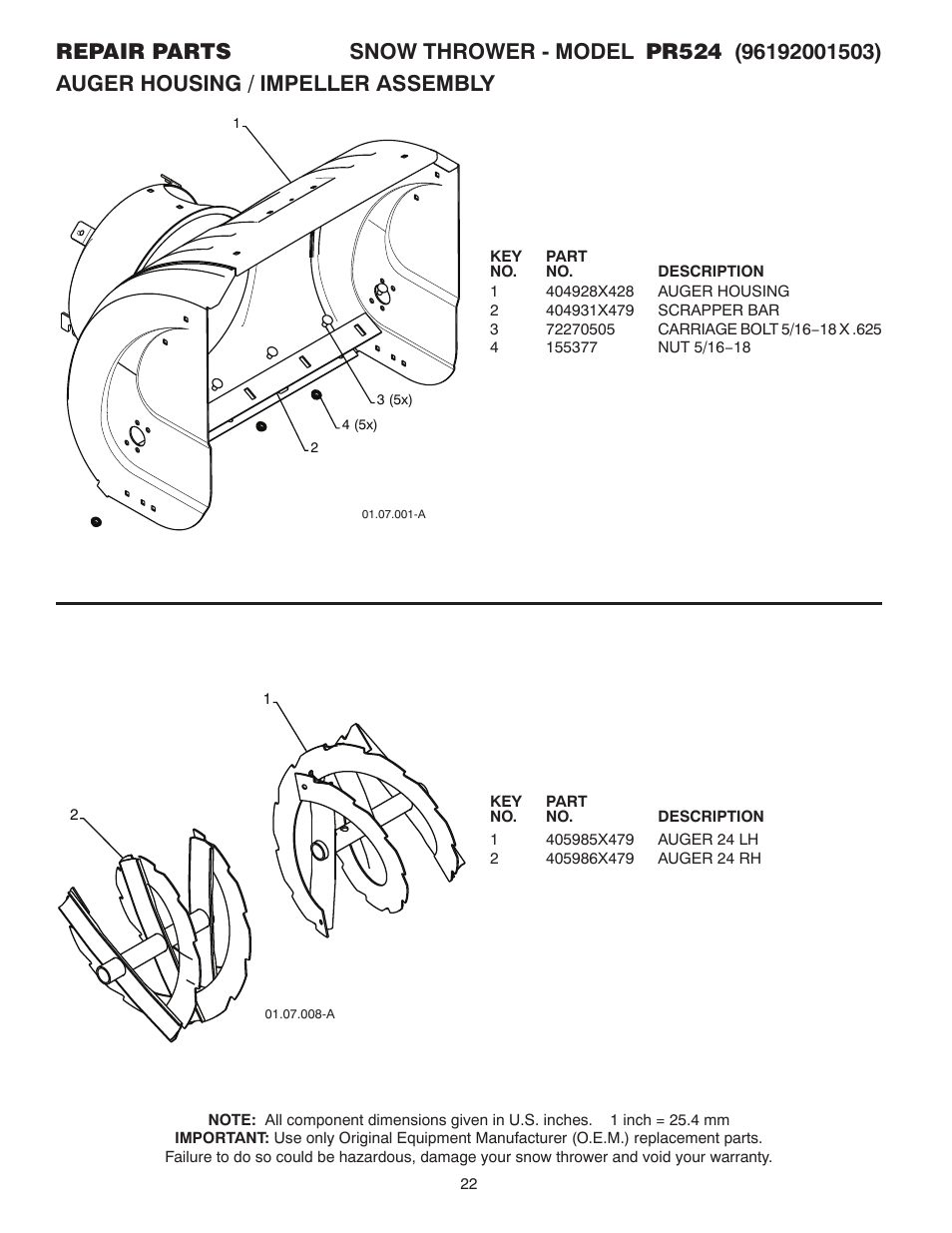 Poulan Pro PR524 SNOW THROWER User Manual | Page 22 / 36