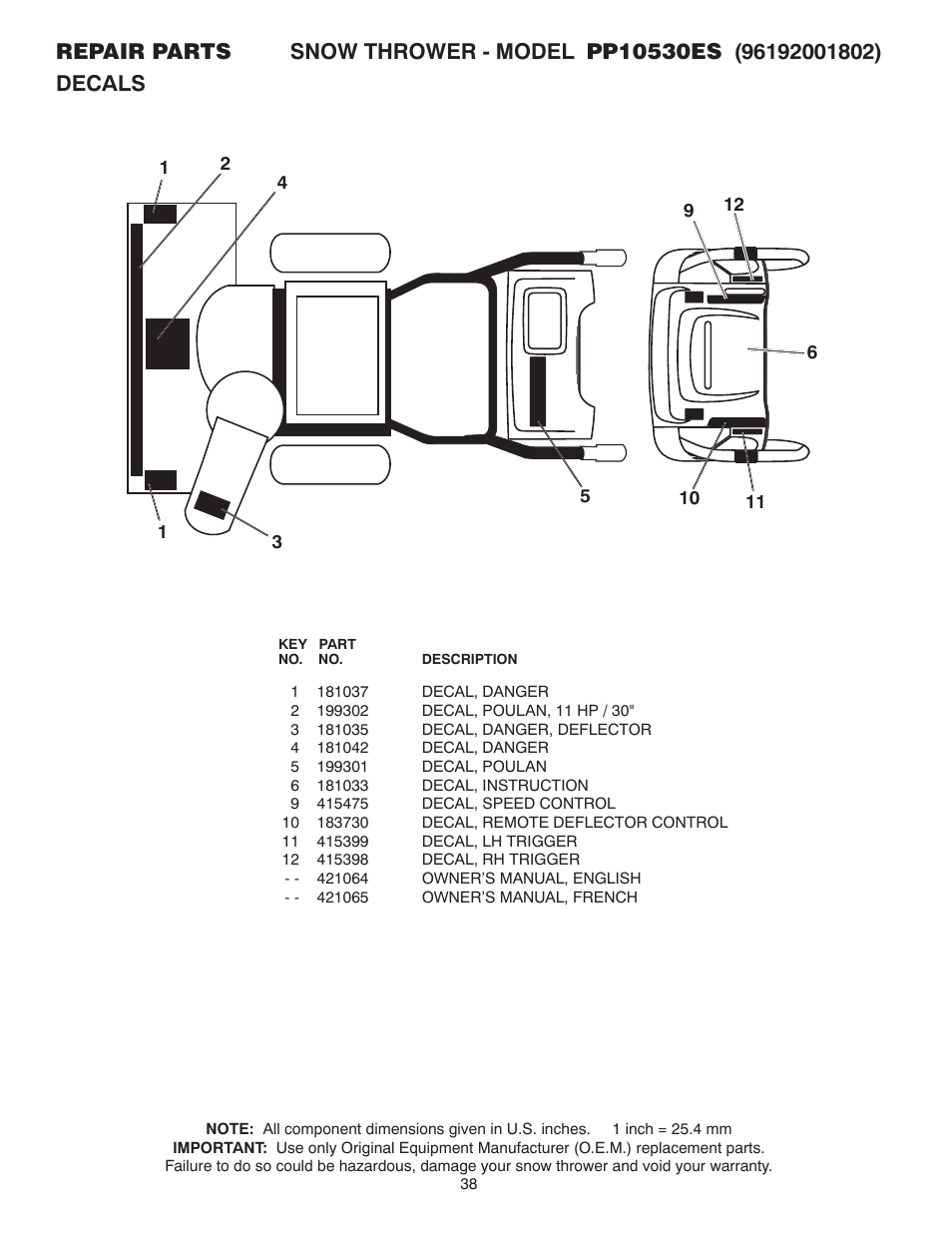 Poulan Pro PP10530ES SNOW THROWER User Manual | Page 38 / 40