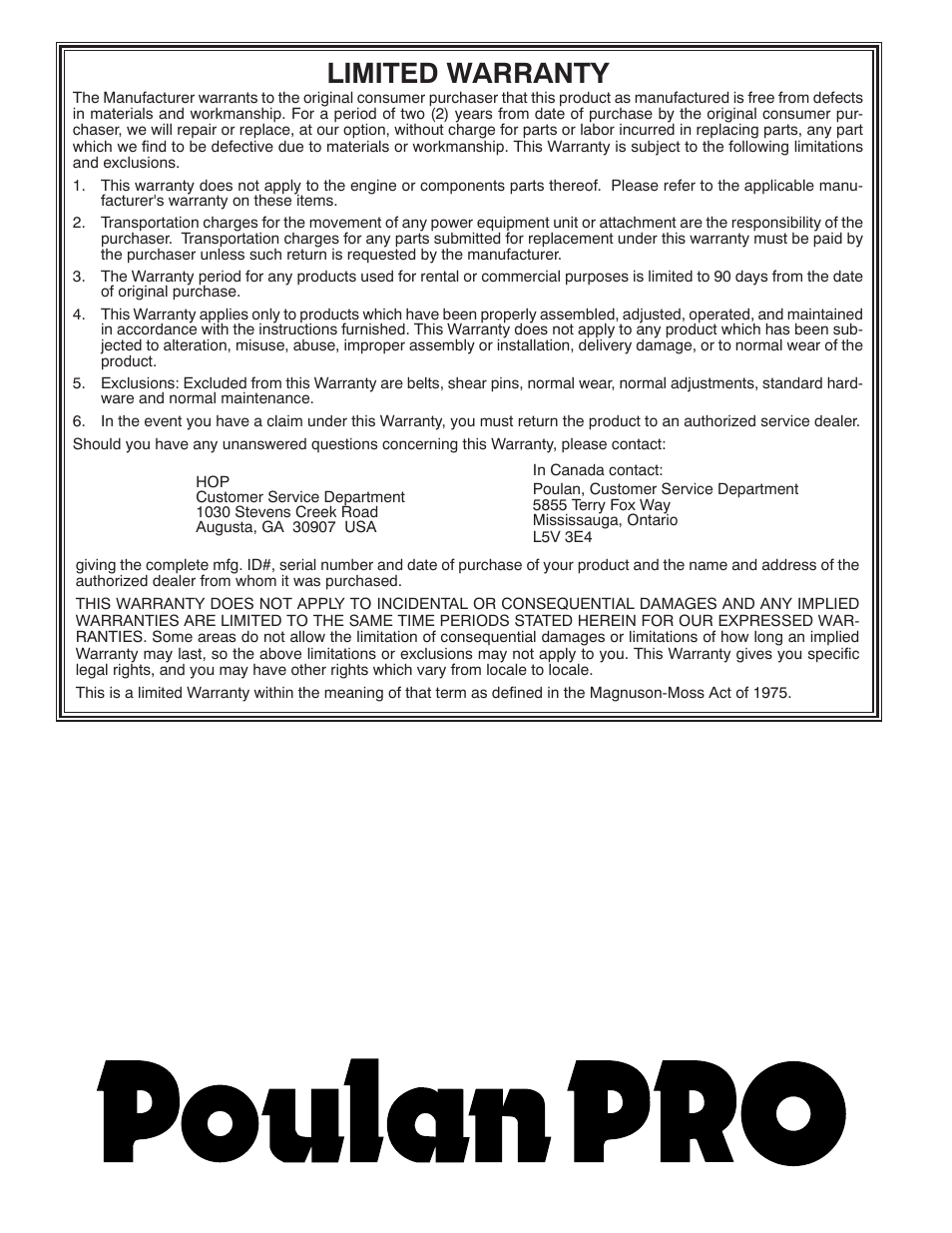 Limited warranty | Poulan Pro PP10530ES SNOW THROWER User Manual | Page 40 / 40