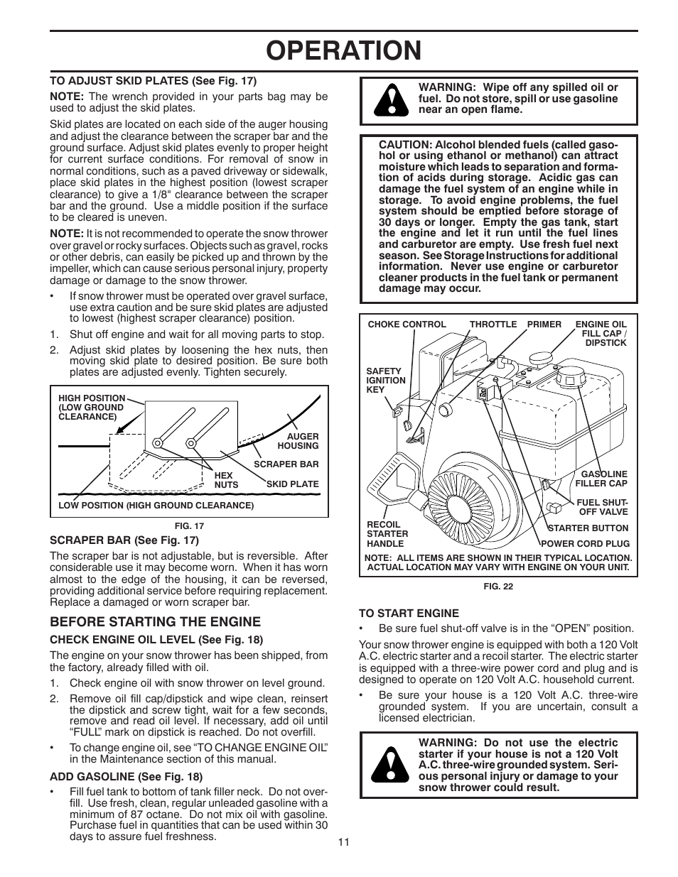 Operation, Before starting the engine | Poulan Pro PR8527ES SNOW THROWER User Manual | Page 11 / 40