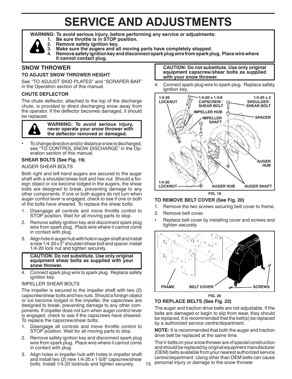 Service and adjustments, Snow thrower | Poulan Pro PR8527ES SNOW THROWER User Manual | Page 15 / 40