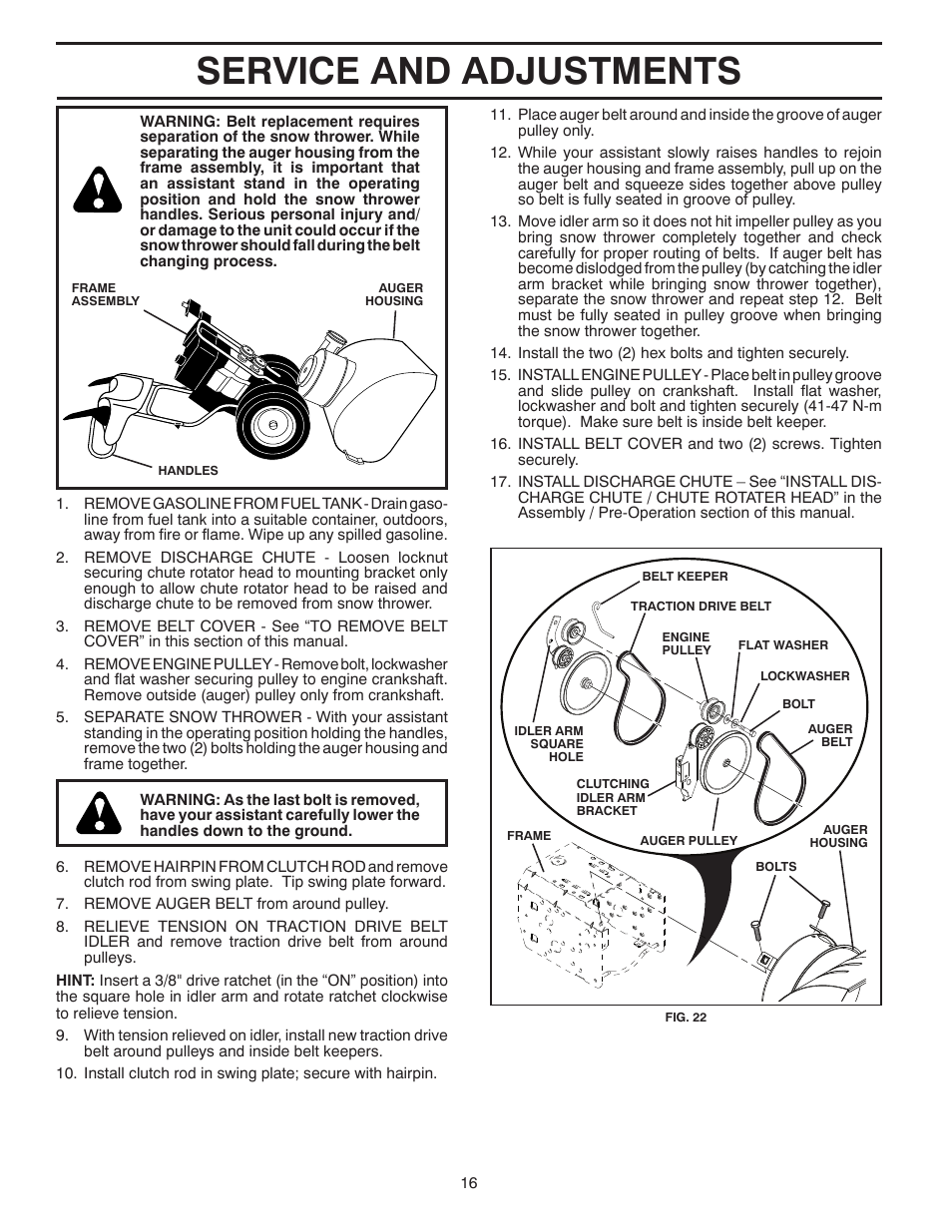 Service and adjustments | Poulan Pro PR8527ES SNOW THROWER User Manual | Page 16 / 40