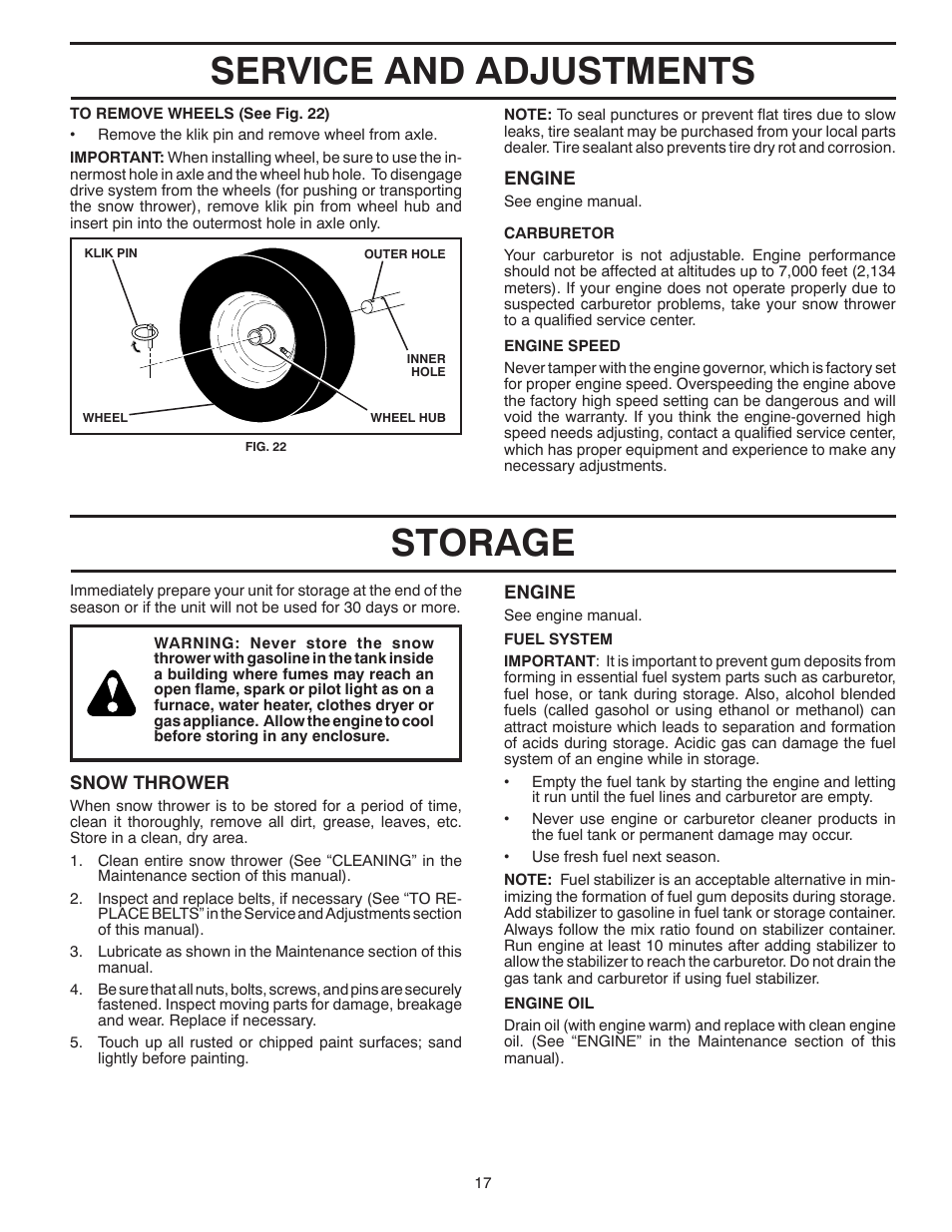 Service and adjustments storage | Poulan Pro PR8527ES SNOW THROWER User Manual | Page 17 / 40