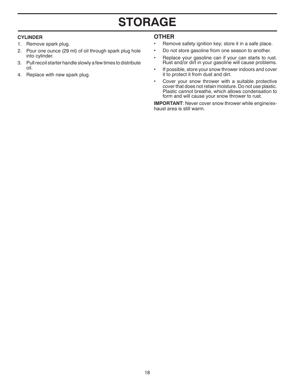 Storage | Poulan Pro PR8527ES SNOW THROWER User Manual | Page 18 / 40