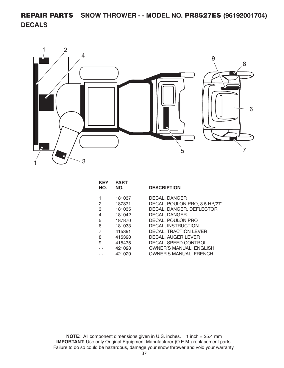 Poulan Pro PR8527ES SNOW THROWER User Manual | Page 37 / 40