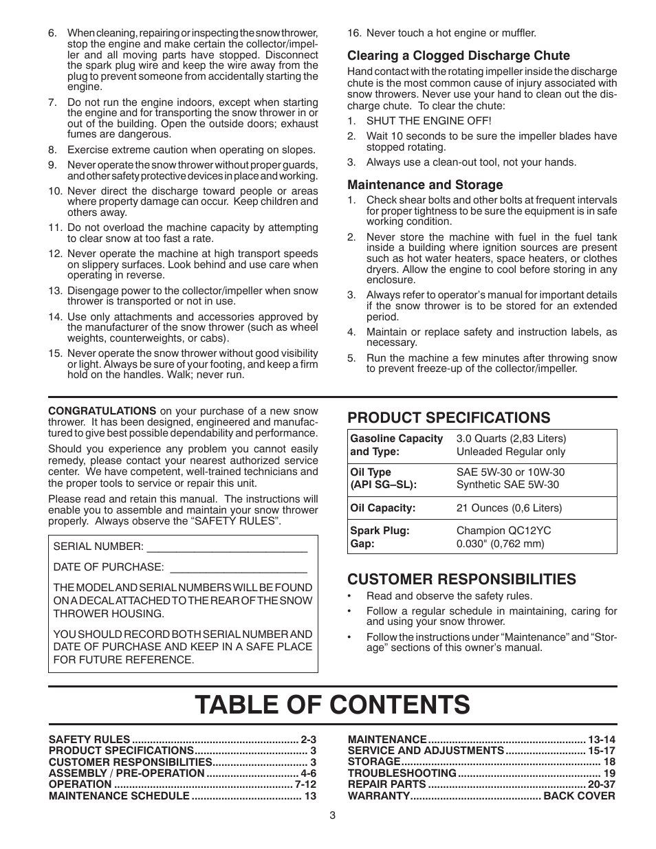 Poulan Pro XT824ES SNOW THROWER User Manual | Page 3 / 40