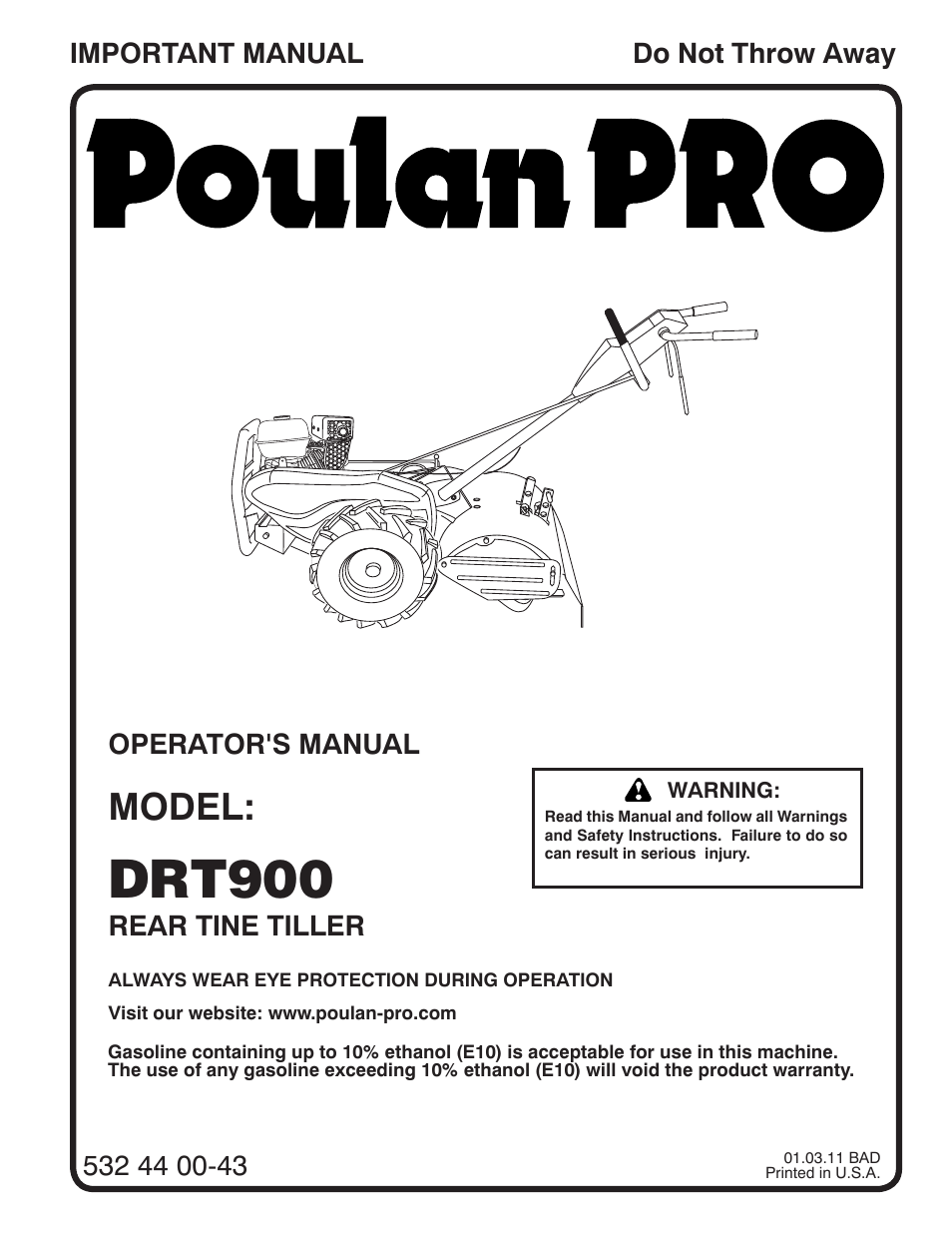 Poulan Pro DRT900 REAR TINE TILLER User Manual | 22 pages