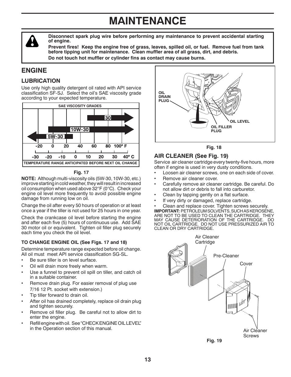 Maintenance, Engine | Poulan Pro DRT900 REAR TINE TILLER User Manual | Page 13 / 22