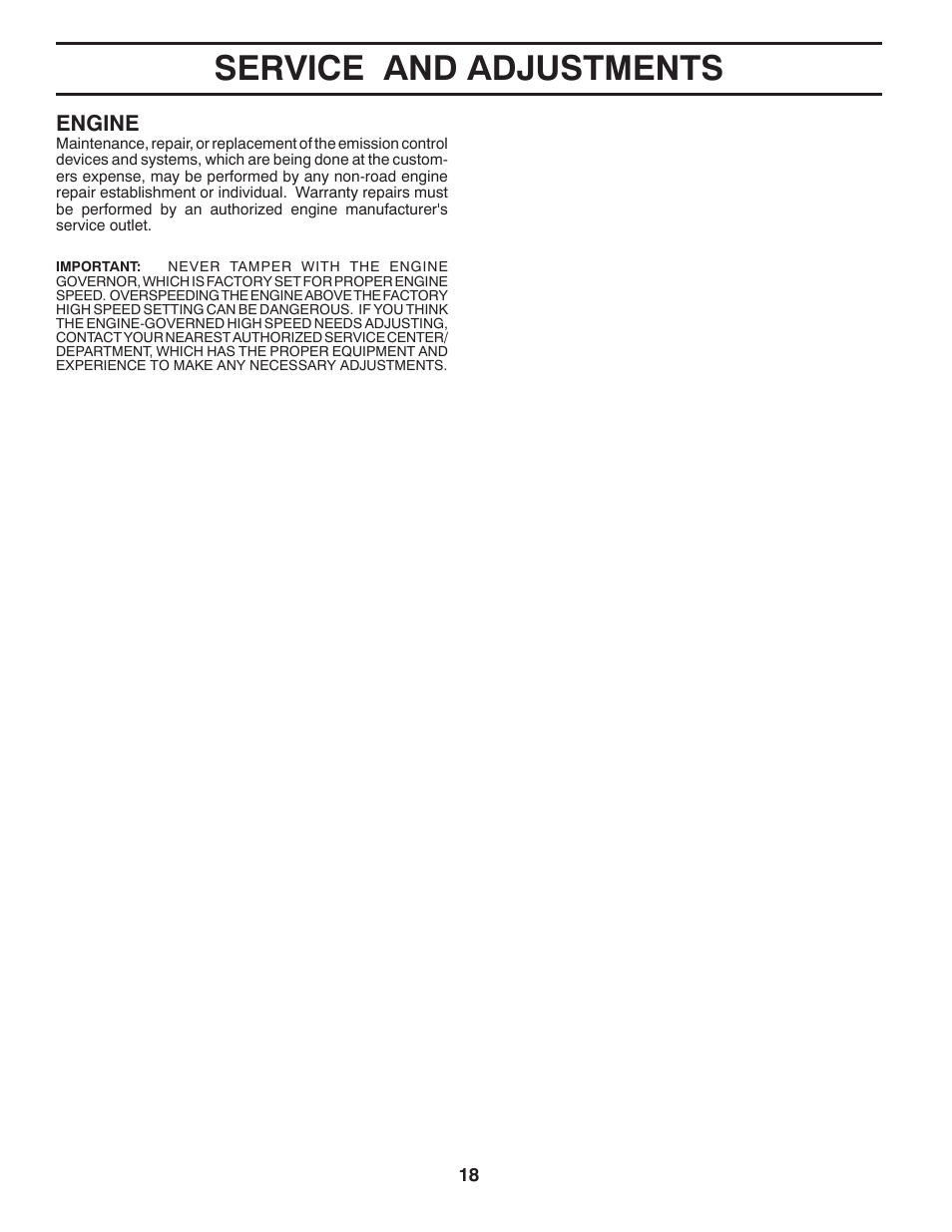 Service and adjustments, Engine | Poulan Pro DRT900 REAR TINE TILLER User Manual | Page 18 / 22