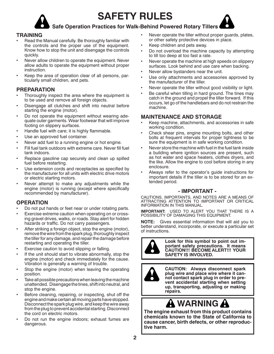 Safety rules, Warning | Poulan Pro DRT900 REAR TINE TILLER User Manual | Page 2 / 22