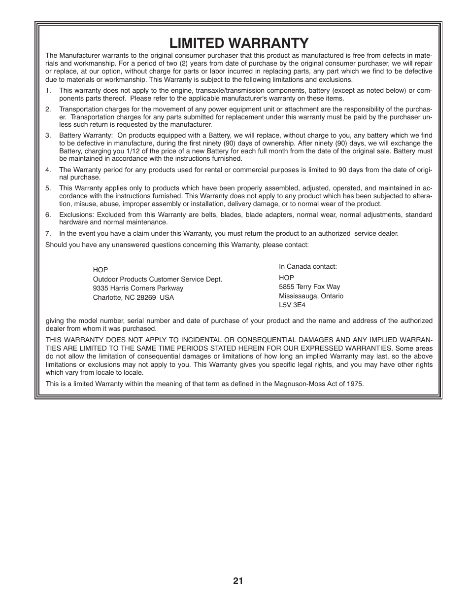 Limited warranty | Poulan Pro DRT900 REAR TINE TILLER User Manual | Page 21 / 22