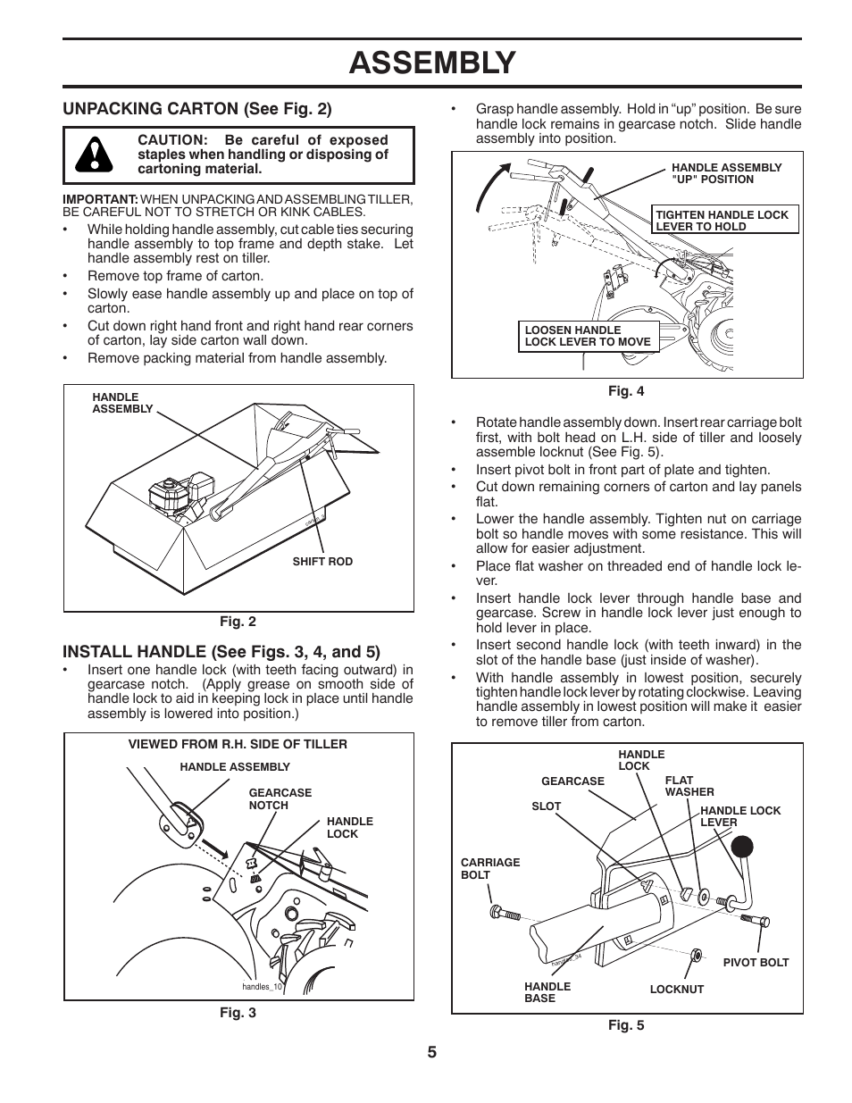 Assembly, Unpacking carton (see fig. 2), Install handle (see figs. 3, 4, and 5) | Poulan Pro DRT900 REAR TINE TILLER User Manual | Page 5 / 22