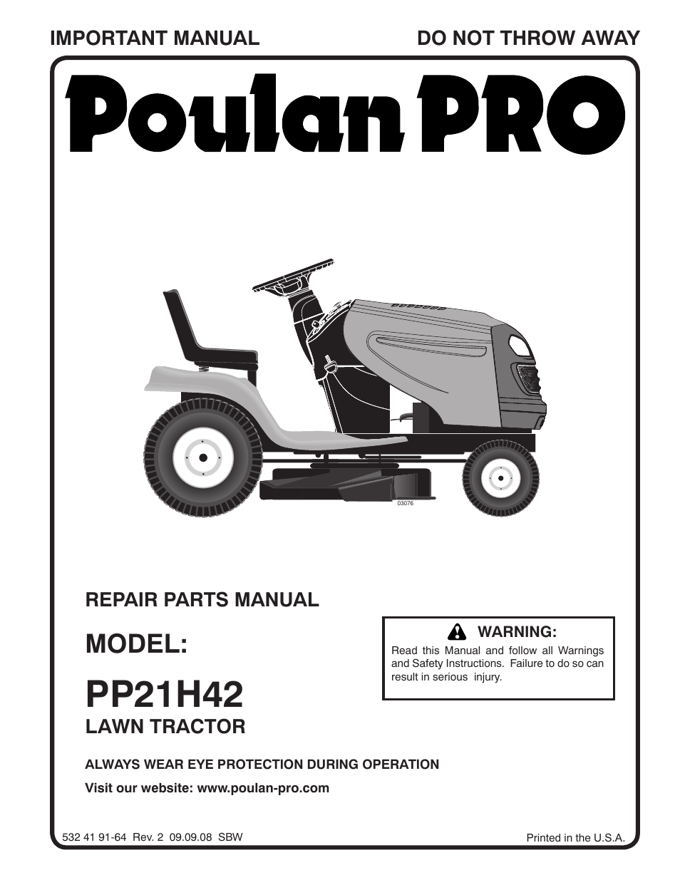 Poulan Pro PP21H42 LAWN TRACTOR User Manual | 20 pages