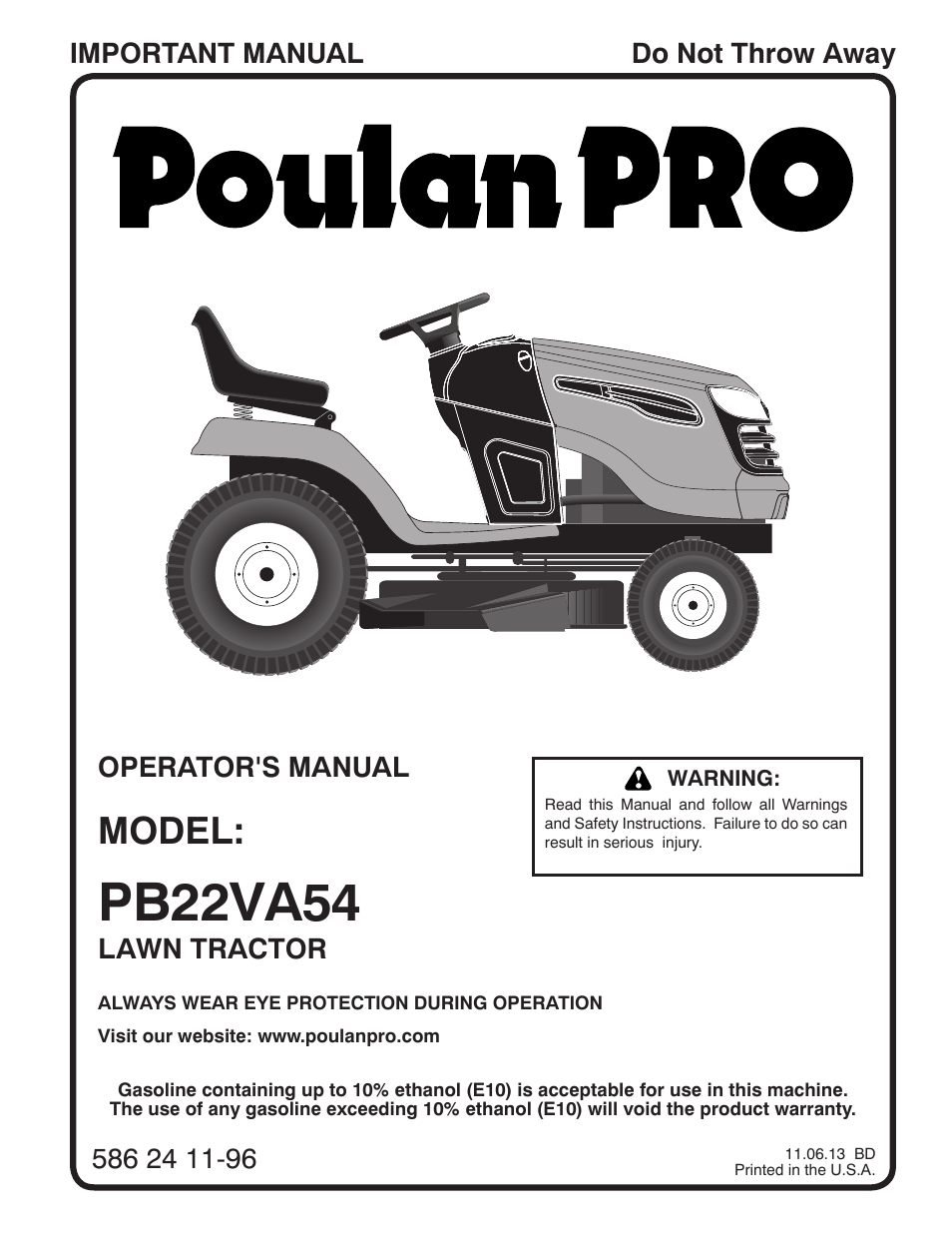 Poulan Pro PB22VA54 LAWN TRACTOR User Manual | 64 pages