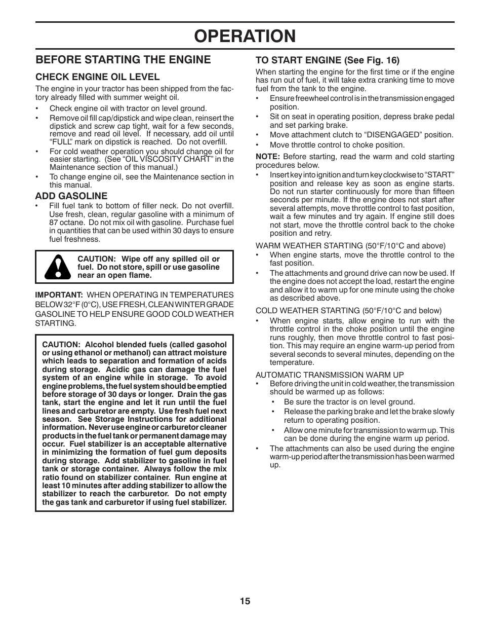 Operation, Before starting the engine | Poulan Pro PB22VA54 LAWN TRACTOR User Manual | Page 15 / 64