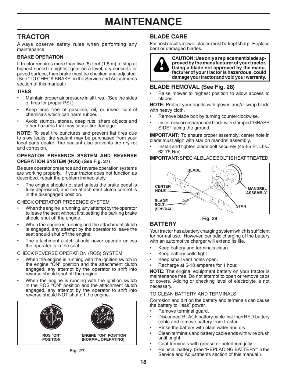 Maintenance, Tractor | Poulan Pro PB22VA54 LAWN TRACTOR User Manual | Page 18 / 64