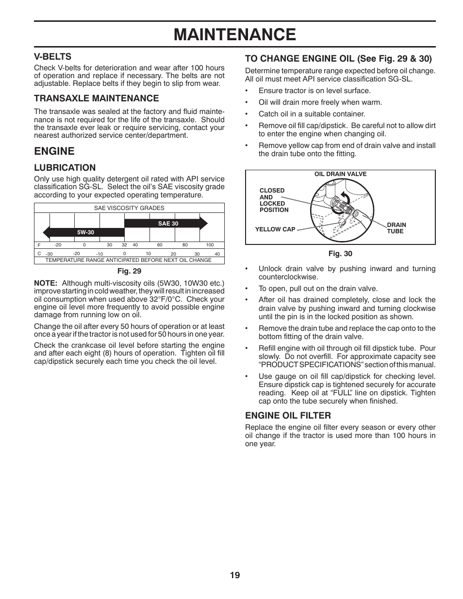 Maintenance, Engine, Lubrication | Engine oil filter, V-belts, Transaxle maintenance | Poulan Pro PB22VA54 LAWN TRACTOR User Manual | Page 19 / 64