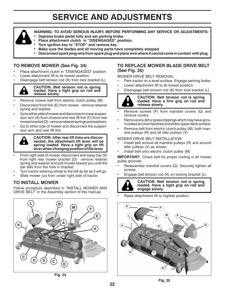 Service and adjustments | Poulan Pro PB22VA54 LAWN TRACTOR User Manual | Page 22 / 64