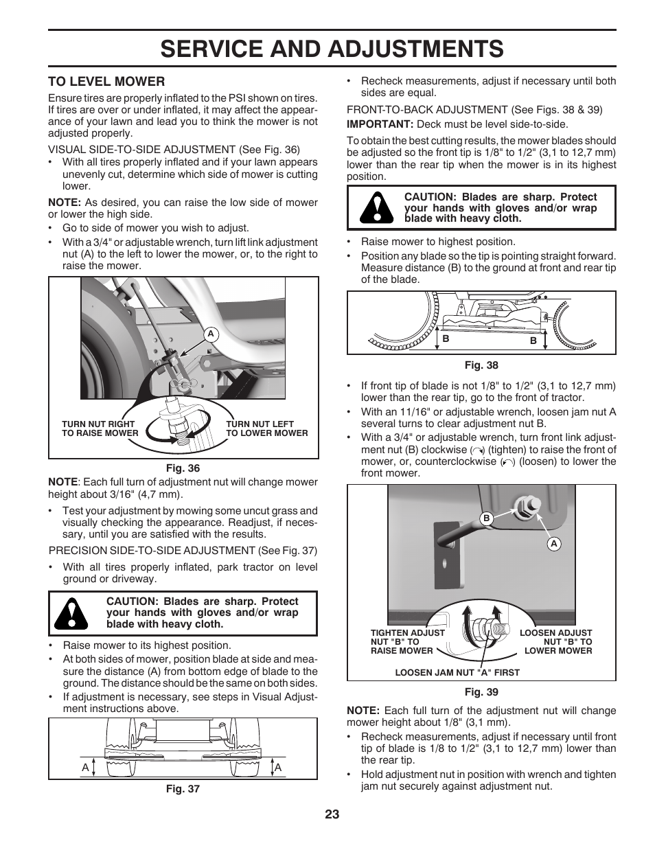 Service and adjustments | Poulan Pro PB22VA54 LAWN TRACTOR User Manual | Page 23 / 64