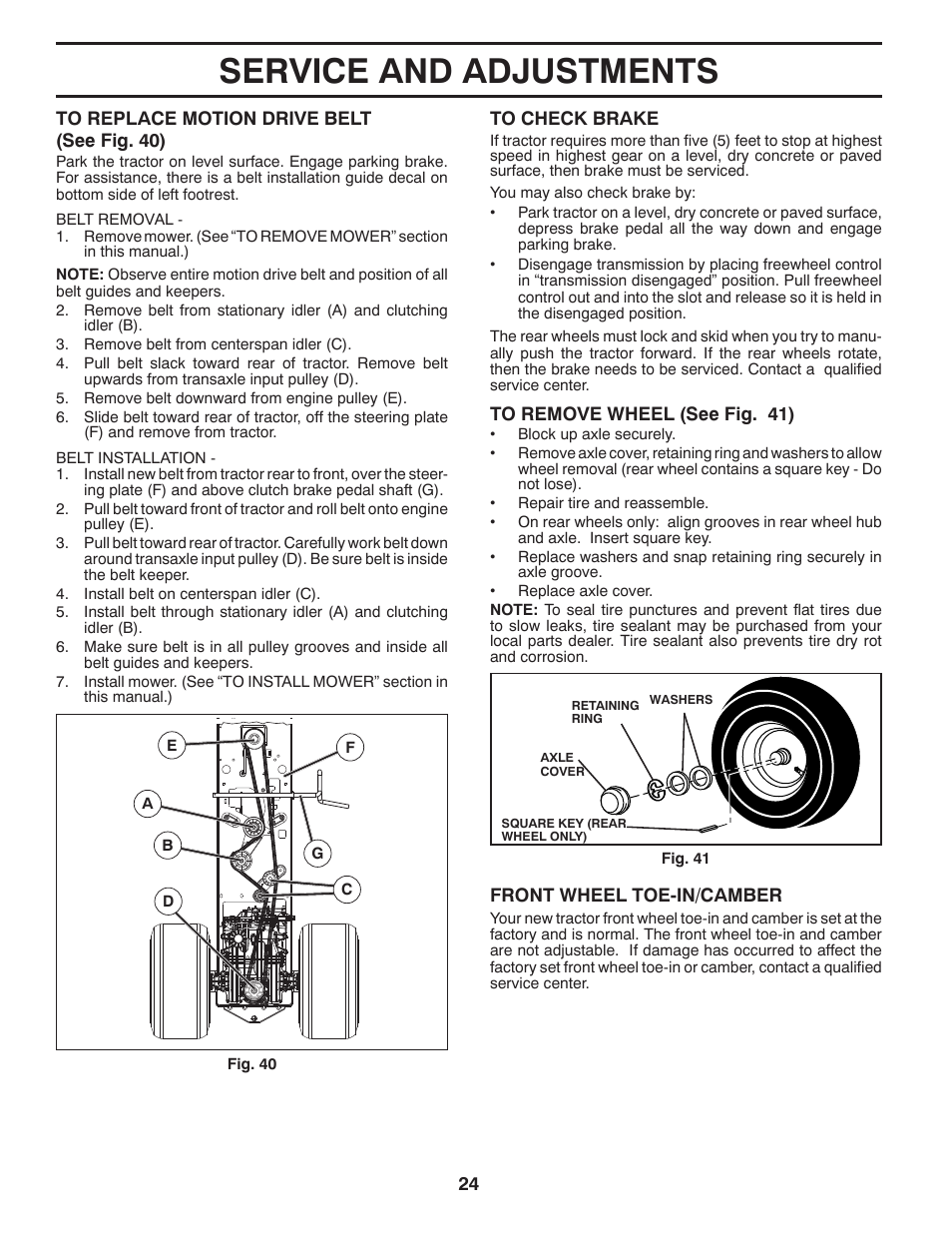 Service and adjustments | Poulan Pro PB22VA54 LAWN TRACTOR User Manual | Page 24 / 64