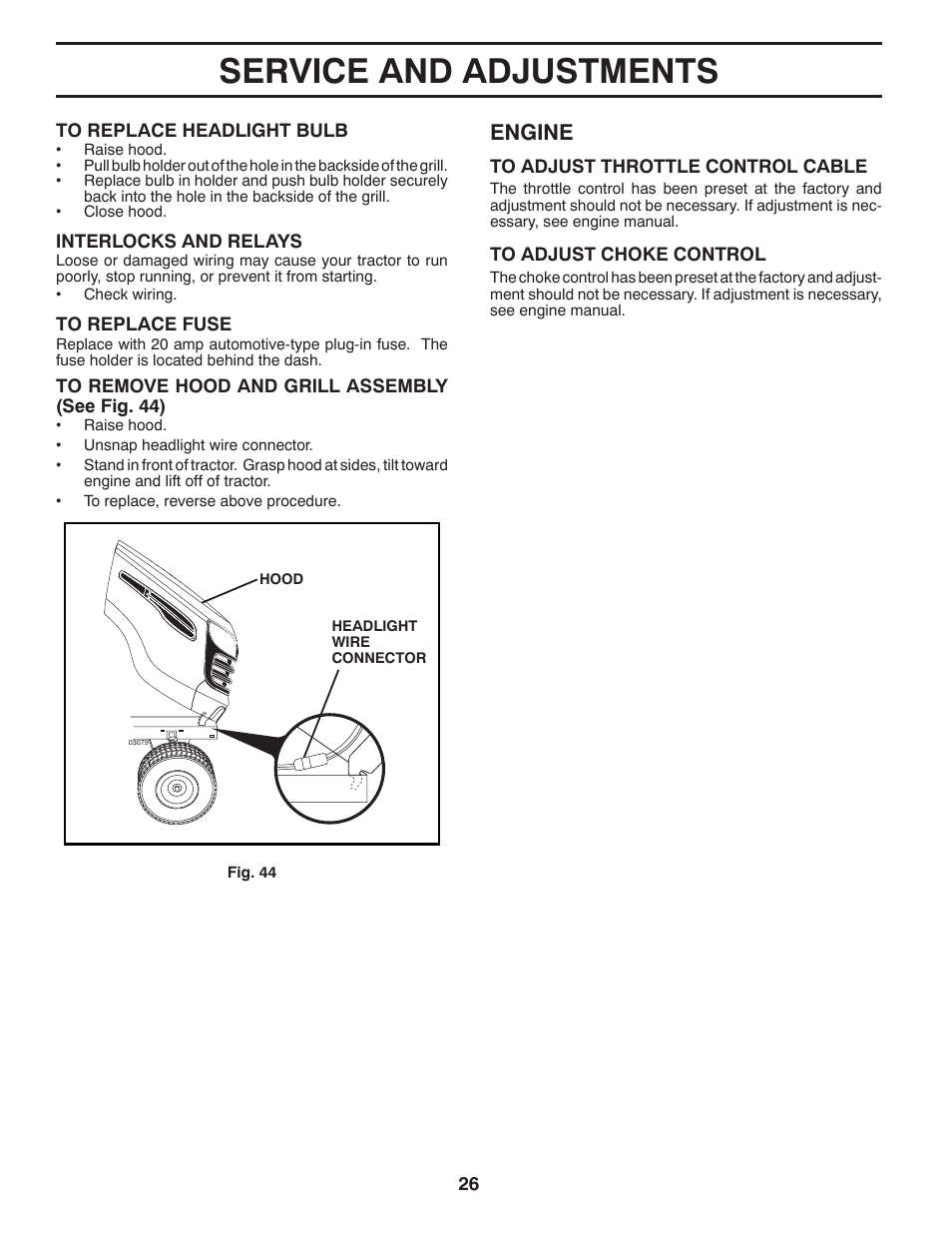 Service and adjustments, Engine | Poulan Pro PB22VA54 LAWN TRACTOR User Manual | Page 26 / 64