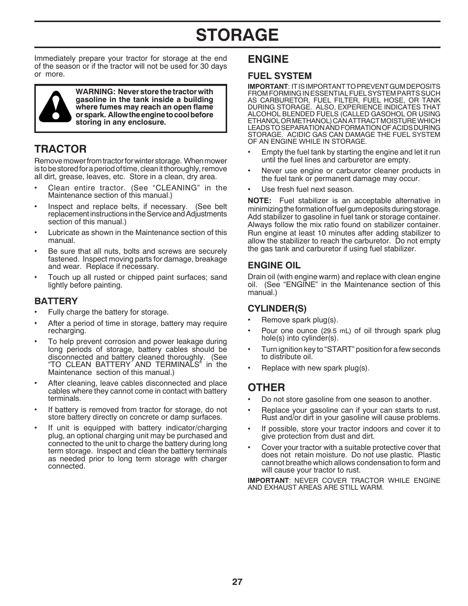 Storage, Engine, Other | Tractor | Poulan Pro PB22VA54 LAWN TRACTOR User Manual | Page 27 / 64