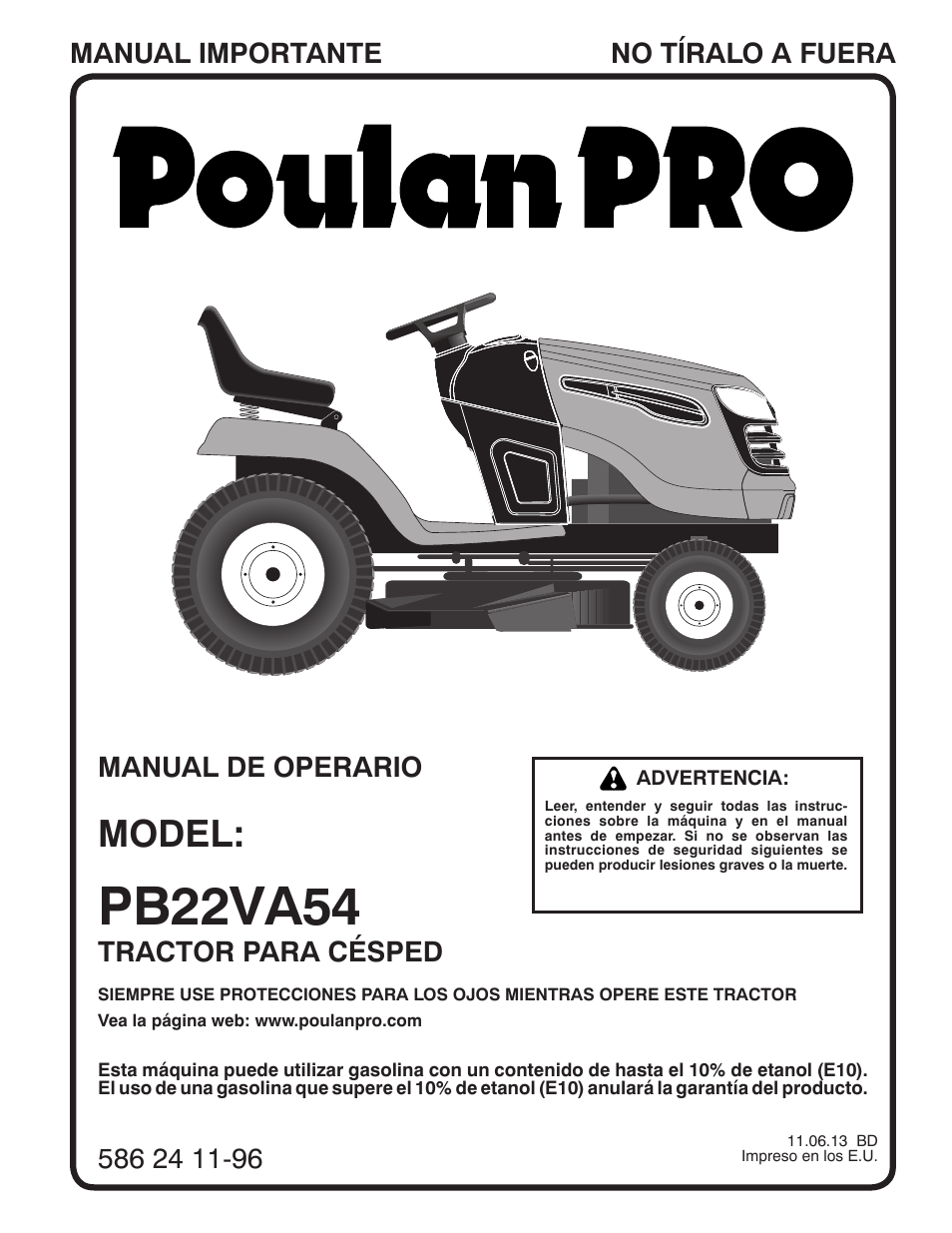 Pb22va54, Model, Tractor para césped | Poulan Pro PB22VA54 LAWN TRACTOR User Manual | Page 33 / 64