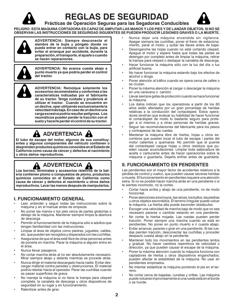 Reglas de seguridad, Advertencia, Ii. funcionamiento en pendientes | I. funcionamiento general | Poulan Pro PB22VA54 LAWN TRACTOR User Manual | Page 34 / 64