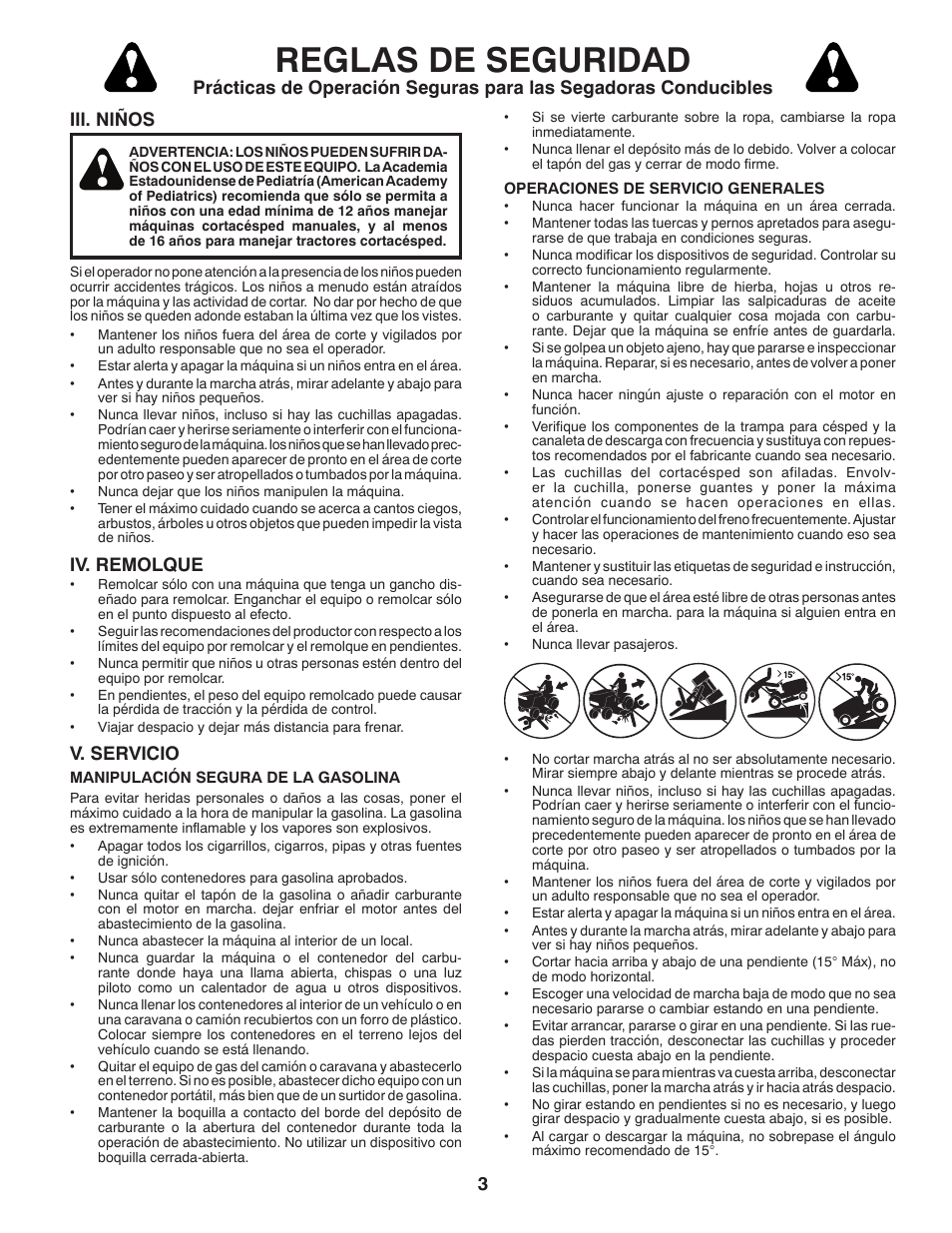 Reglas de seguridad, 3iii. niños, Iv. remolque | V. servicio | Poulan Pro PB22VA54 LAWN TRACTOR User Manual | Page 35 / 64