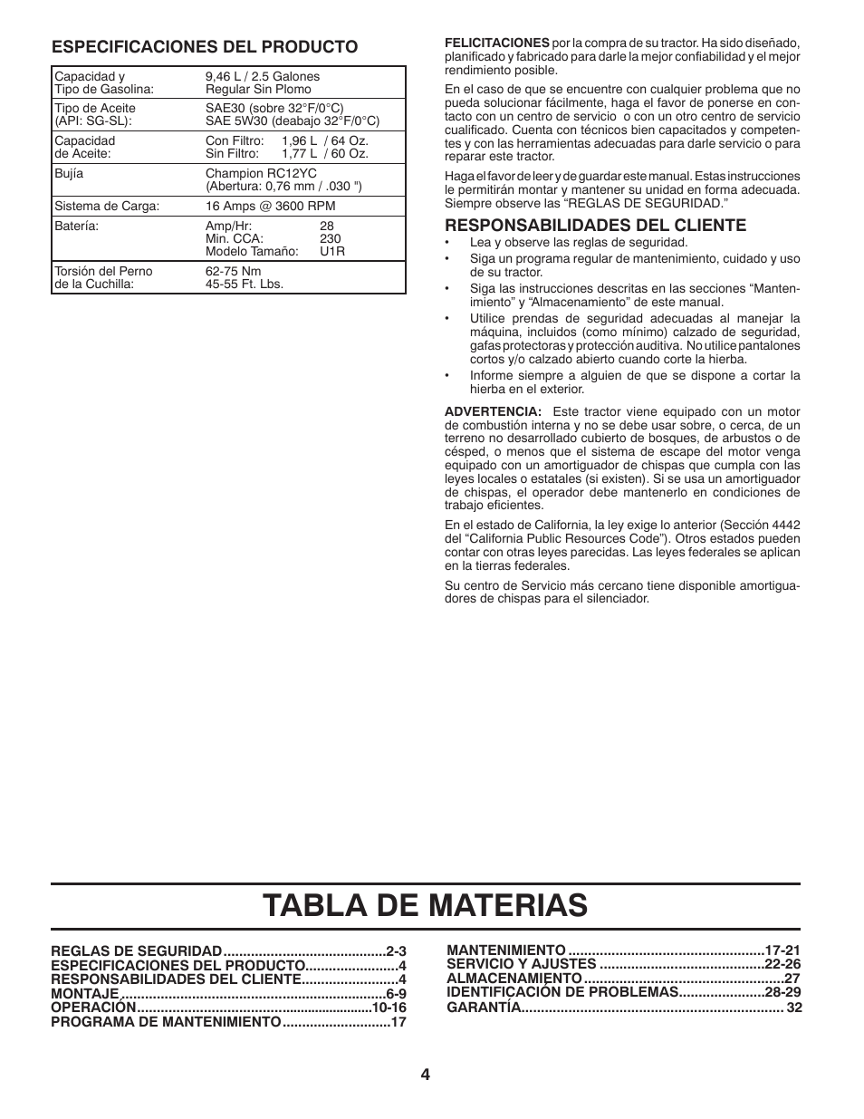 Tabla de materias, Responsabilidades del cliente, Especificaciones del producto | Poulan Pro PB22VA54 LAWN TRACTOR User Manual | Page 36 / 64