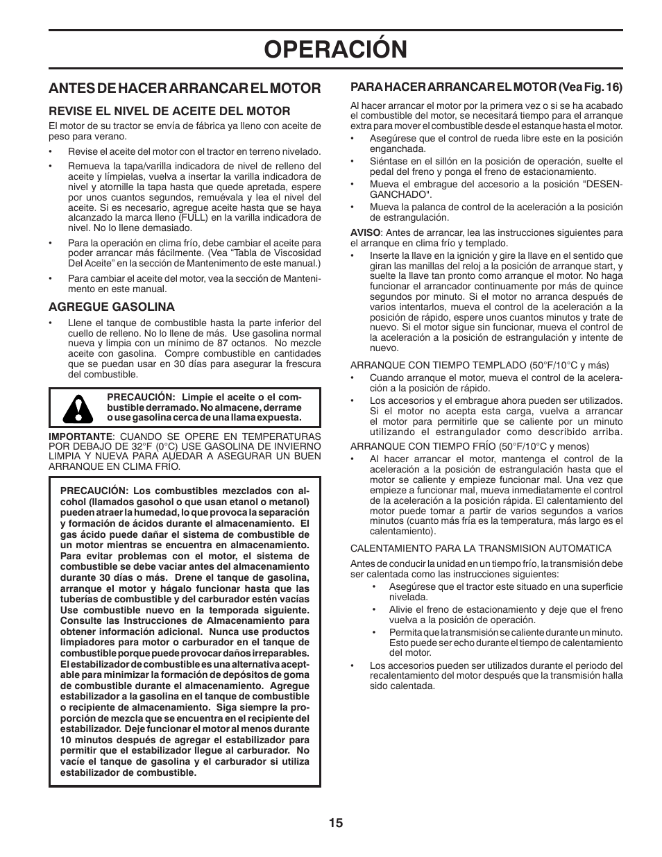 Operación, Antes de hacer arrancar el mo tor | Poulan Pro PB22VA54 LAWN TRACTOR User Manual | Page 47 / 64