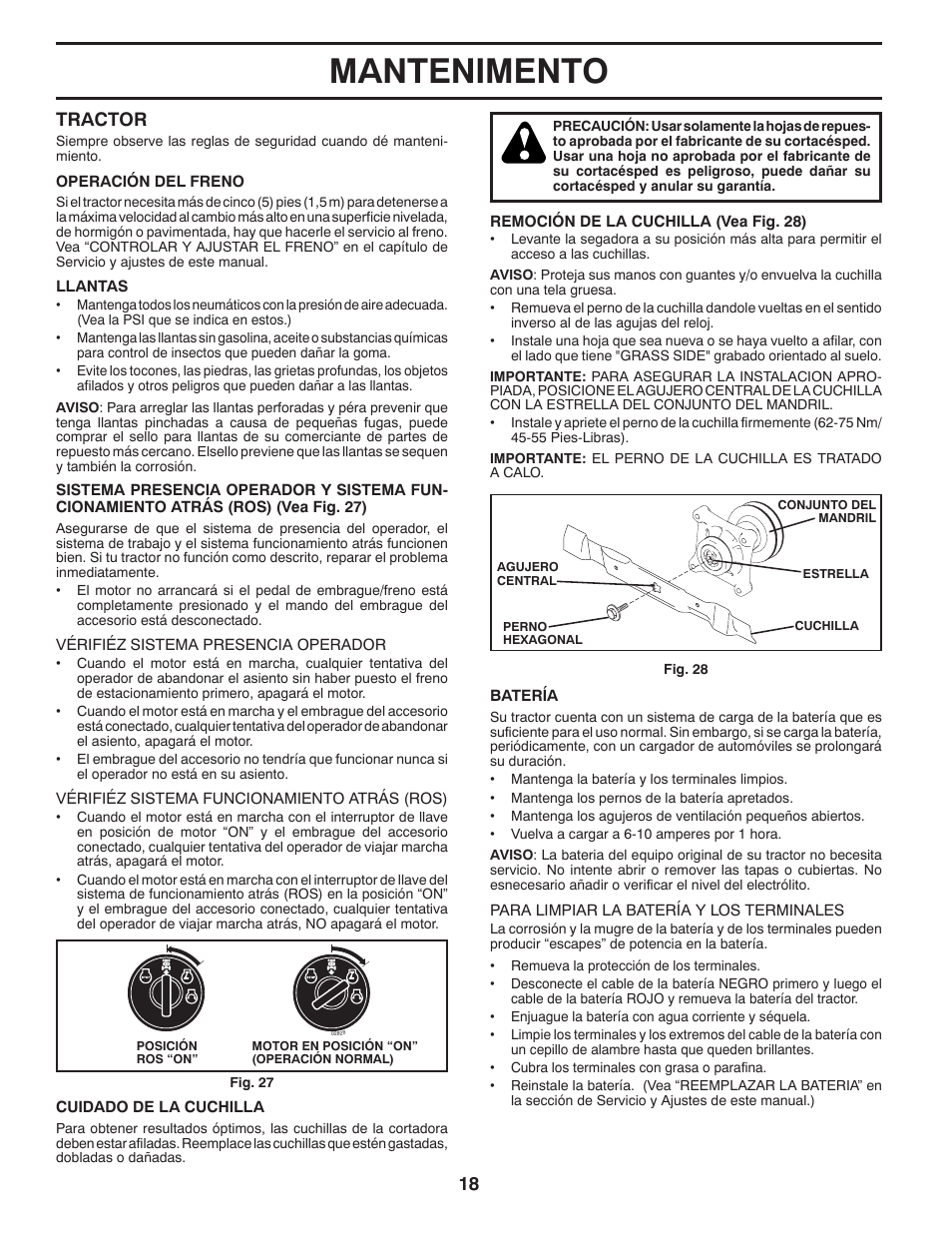 Mantenimento, Tractor | Poulan Pro PB22VA54 LAWN TRACTOR User Manual | Page 50 / 64