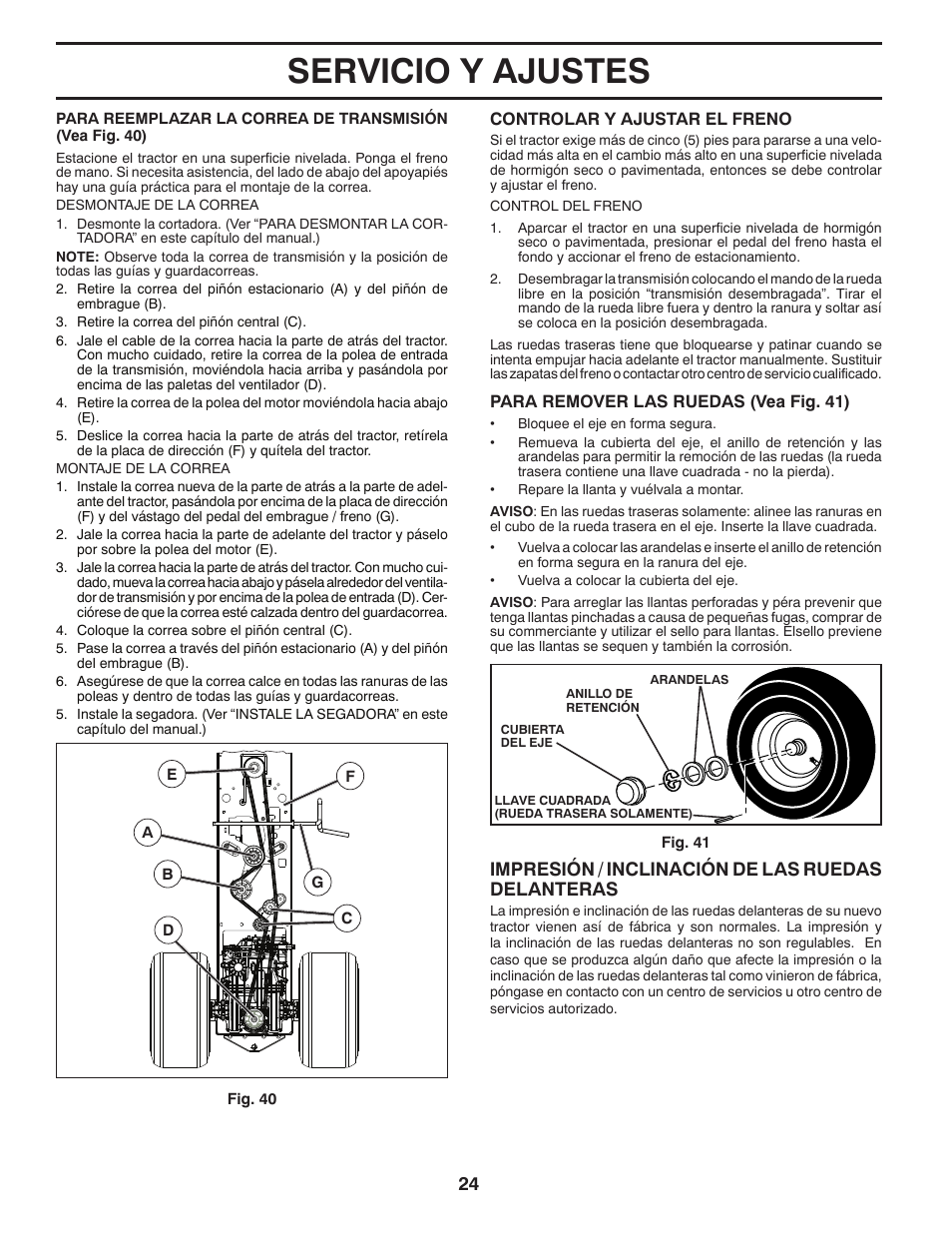 Servicio y ajustes, Impresión / inclinación de las ruedas delanteras | Poulan Pro PB22VA54 LAWN TRACTOR User Manual | Page 56 / 64