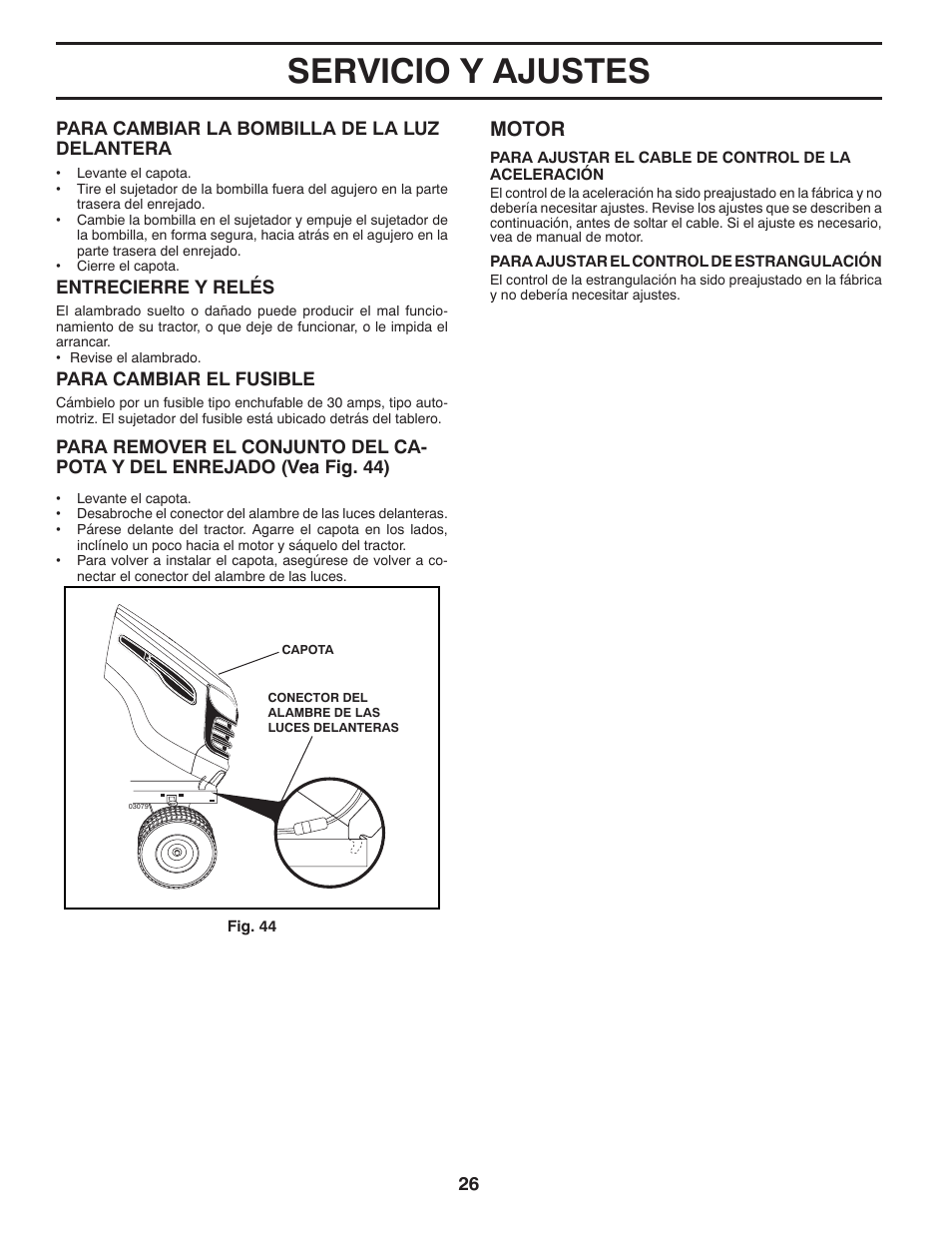 Servicio y ajustes, Motor | Poulan Pro PB22VA54 LAWN TRACTOR User Manual | Page 58 / 64