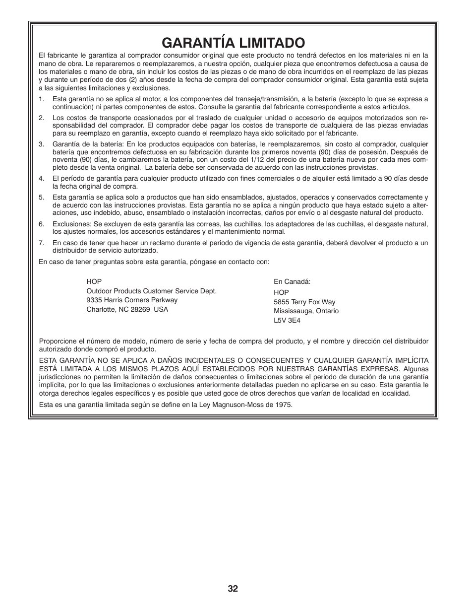 Garantía limitado | Poulan Pro PB22VA54 LAWN TRACTOR User Manual | Page 64 / 64