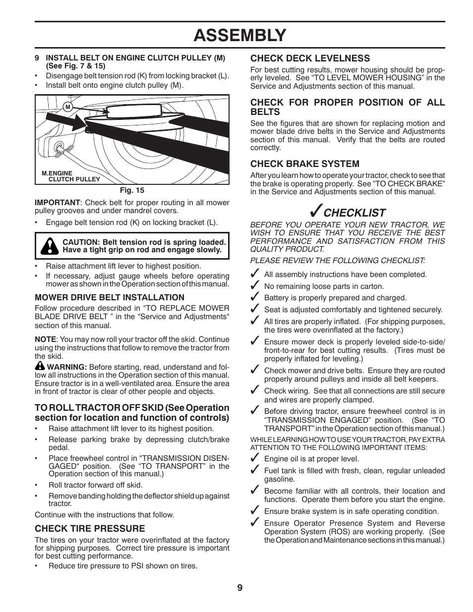 Assembly, Checklist | Poulan Pro PB22VA54 LAWN TRACTOR User Manual | Page 9 / 64