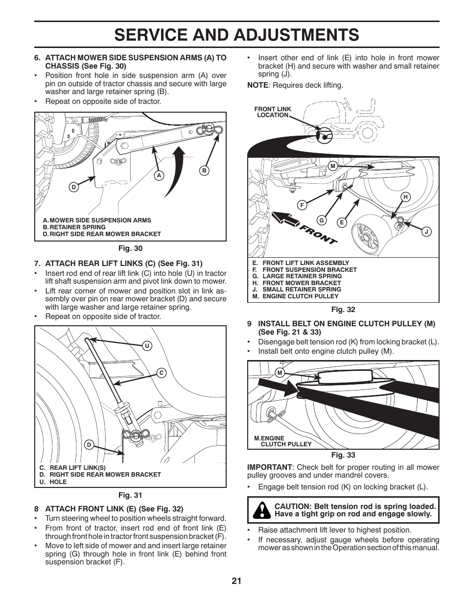 Service and adjustments | Poulan Pro PB20VA48 LAWN TRACTOR User Manual | Page 21 / 60