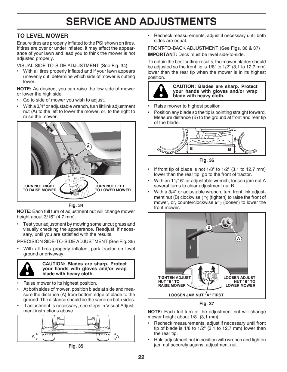 Service and adjustments | Poulan Pro PB20VA48 LAWN TRACTOR User Manual | Page 22 / 60