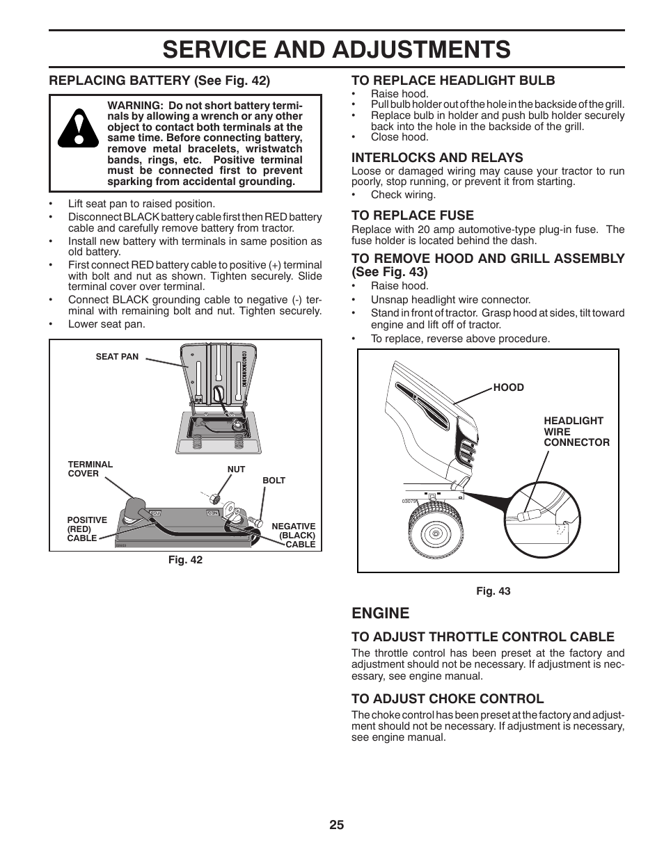 Service and adjustments, Engine | Poulan Pro PB20VA48 LAWN TRACTOR User Manual | Page 25 / 60