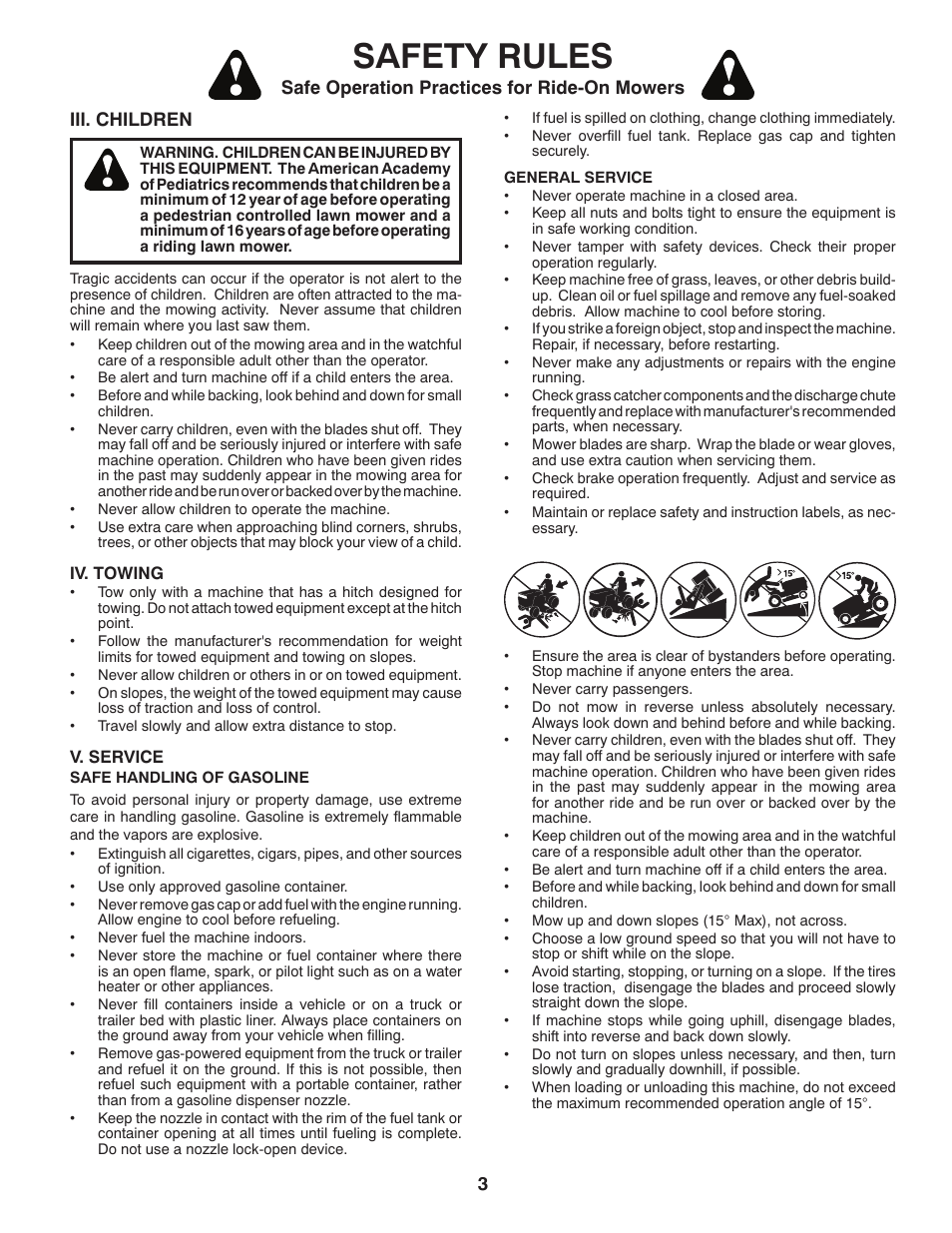 Safety rules, Safe operation practices for ride-on mowers, Iii. children | Poulan Pro PB20VA48 LAWN TRACTOR User Manual | Page 3 / 60