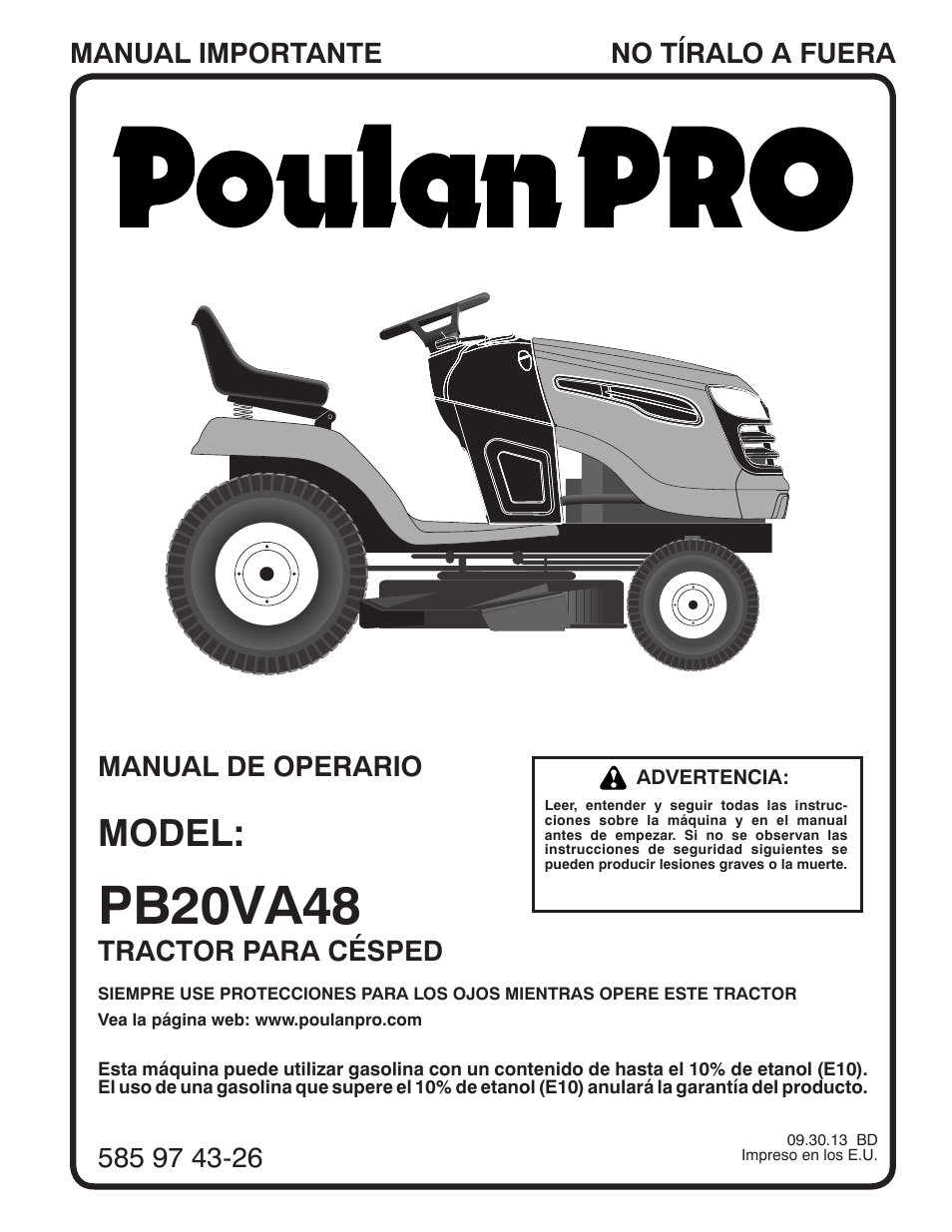 Pb20va48, Model, Tractor para césped | Poulan Pro PB20VA48 LAWN TRACTOR User Manual | Page 31 / 60