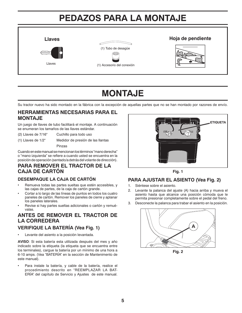 Montaje, Pedazos para la montaje, Herramientas necesarias para el montaje | Para remover el tractor de la caja de cartón, Antes de remover el tractor de la corredera | Poulan Pro PB20VA48 LAWN TRACTOR User Manual | Page 35 / 60