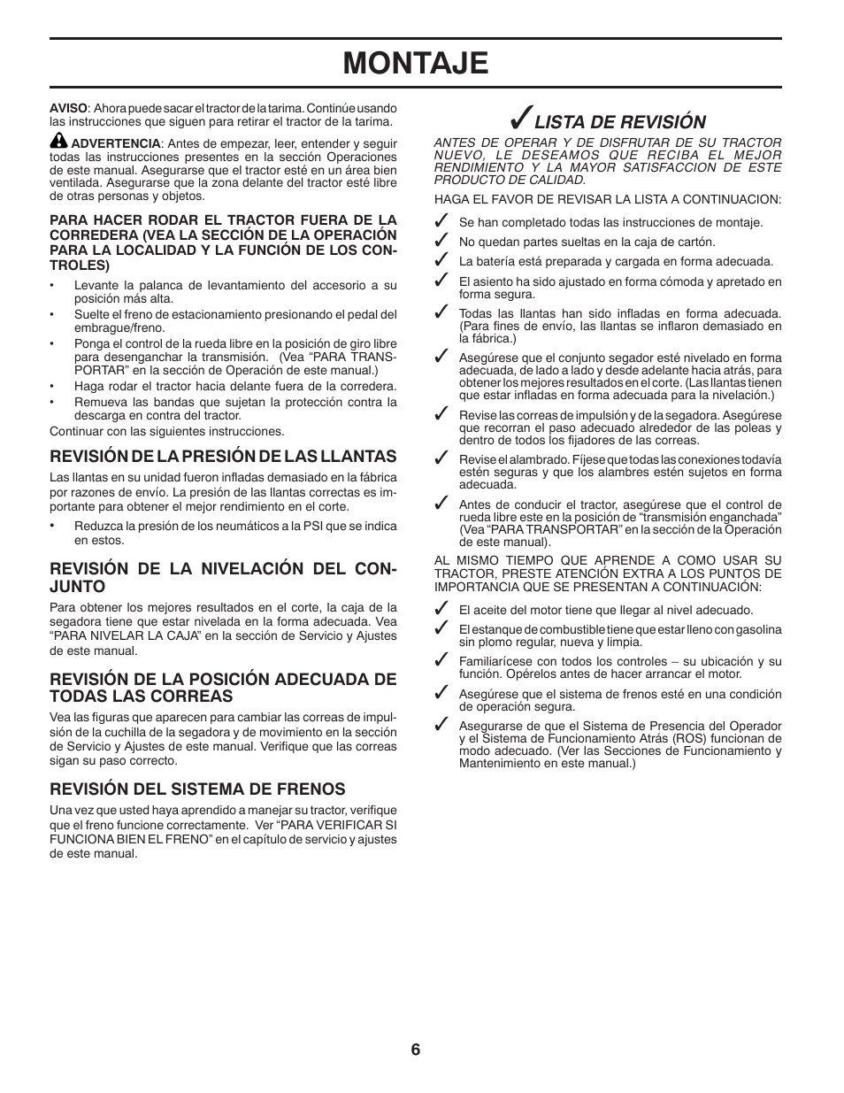 Montaje, Lista de revisión | Poulan Pro PB20VA48 LAWN TRACTOR User Manual | Page 36 / 60